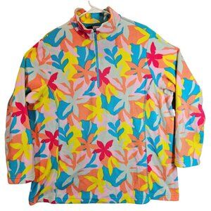 Lands End Womens 1X Fleece Pullover 1/4 Zip Multicolor Floral Pattern Bright fun